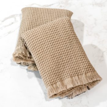 BEIGE WAFFLE FRINGE TOWELS SET OF 2